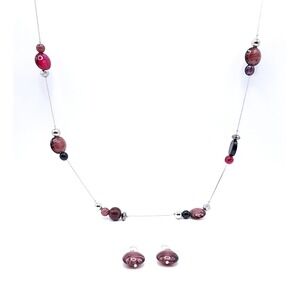 Erica Lyons Purple Glass Bead Necklace Earrings Set 36in